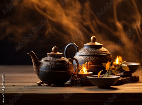 A teapot and other tea items on a wooden table
