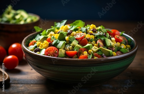 A bowl of salad with ripened tomatoes, corn and greens