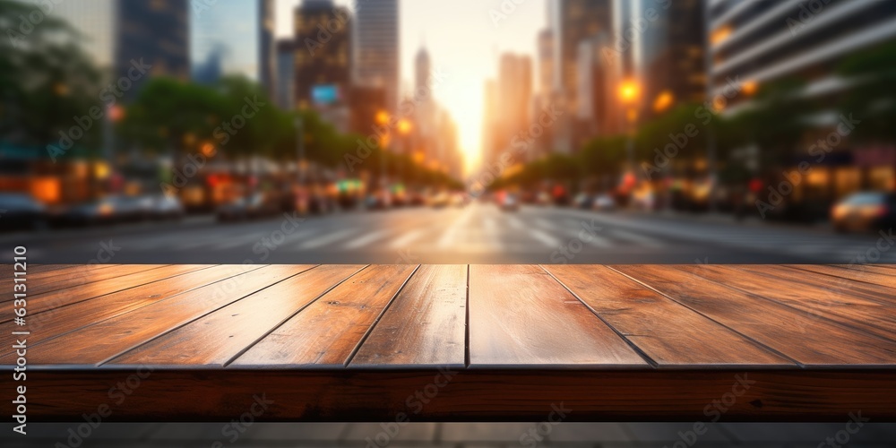 Wooden tabletop against the backdrop of a modern city. Background for advertising your products. Blurred background. Wooden tabletop against the backdrop of a modern city. Background for advertising your products. Blurred background.