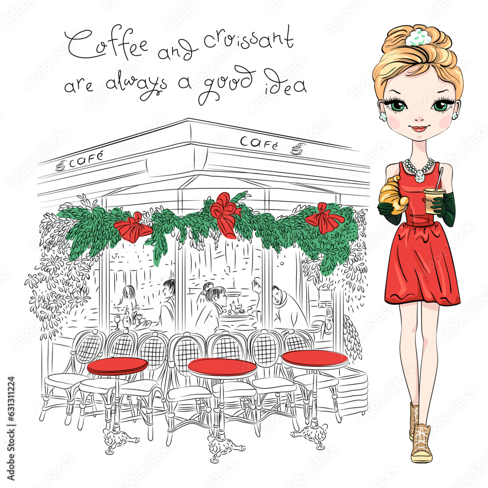 Φωτογραφία Fashion girl with coffee and croissant near Parisian cafe, Paris, France
