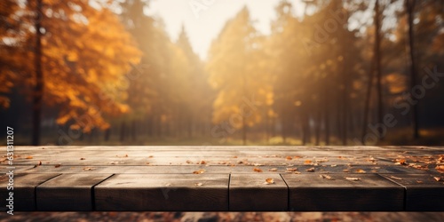 Wooden tabletop advertise your products. Blurred autumn background. Generative AI