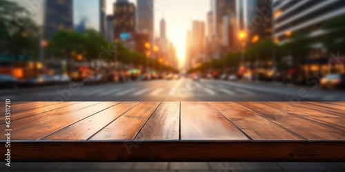 Wooden tabletop against the backdrop of a modern city. Background for advertising your products. Blurred background. 