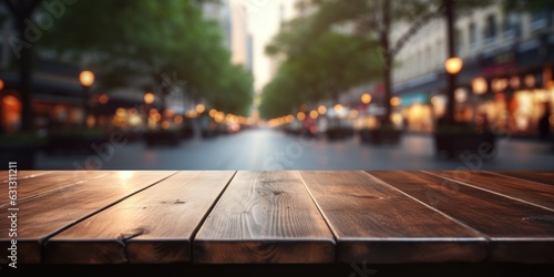 Wooden table top in the city to advertise your products. Blurred background. Generative AI