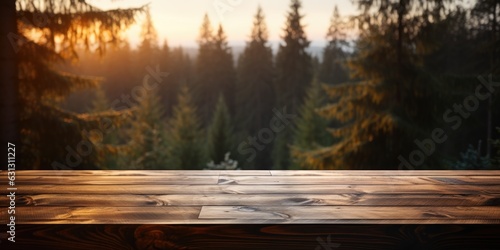 Wooden table on background of a spruce forest. Natural wooden background. Generative AI © 22_monkeyzzz