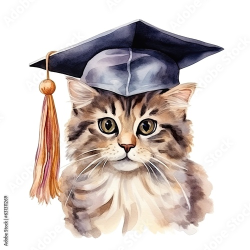 Cute watercolor cat in graduarion cap isolated