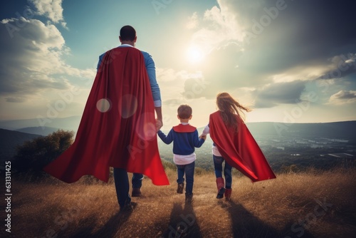 Dad with sons and daughter in superhero costume