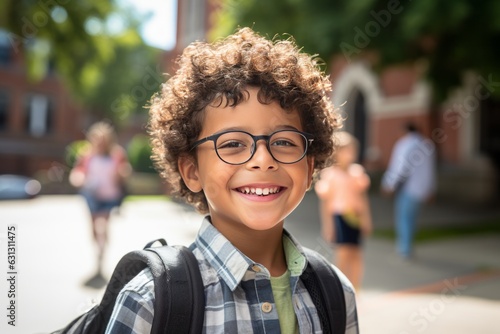 A happy child in black walking into school