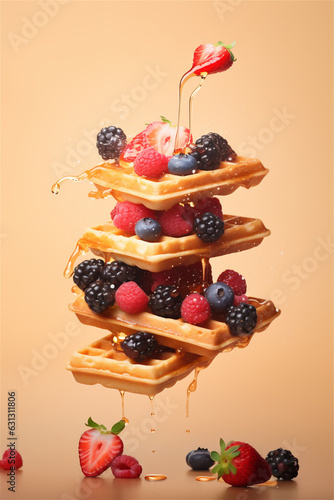 Food levitation. Floating waffles and berries photo