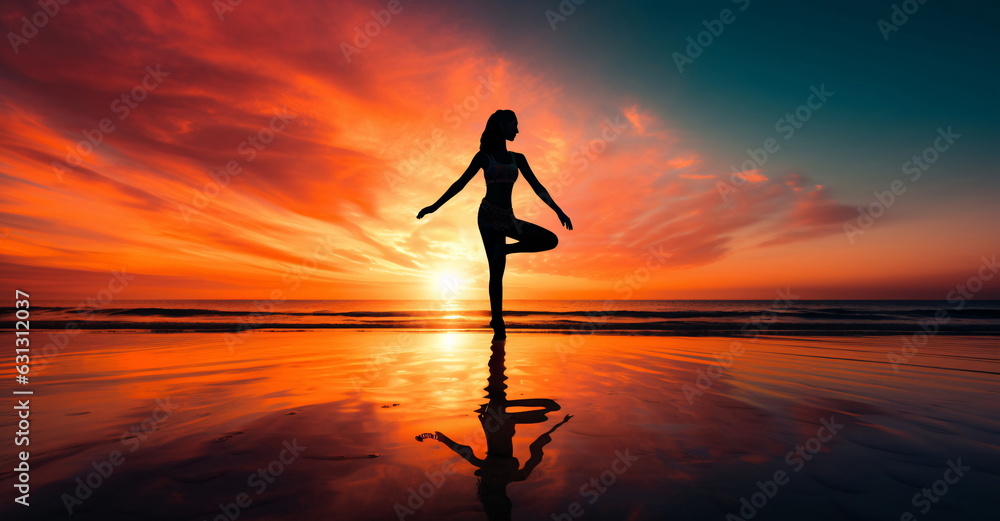 Sunset Silhouette of a Woman Enjoying the Beach - AI Generated