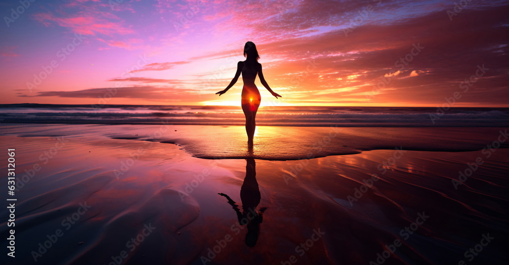 Sunset Silhouette of a Woman Enjoying the Beach - AI Generated