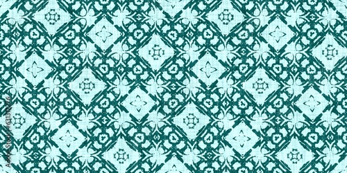 Teal green white vibrant watercolor batik azulejos tile border banner background. Seamless aqua coastal blur linen effect geometric mosaic effect.Boho Patchwork nautical masculine summer ribbon trim. 