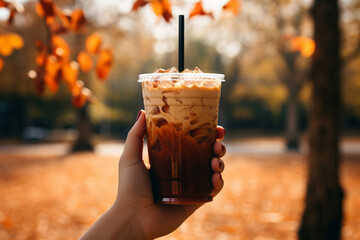 hand holding pumpkin cream cold brew latte in the park autumn fall starbucks drink
