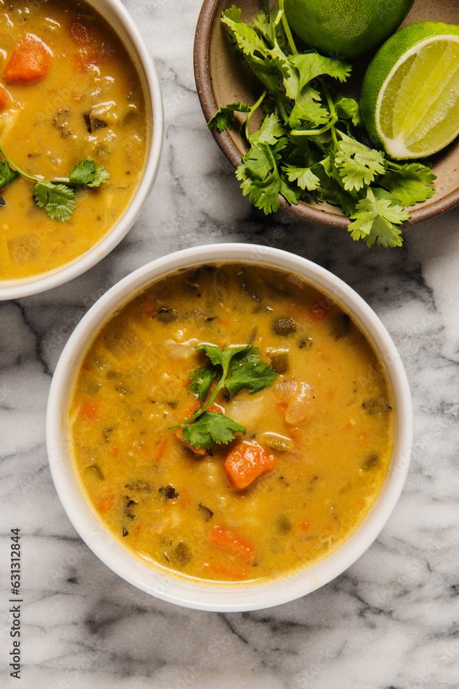Savory vegetable soup with lime and cilantro Savory vegetable soup with lime and cilantro