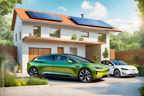 Modernes energiesparendes Einfamilienhaus mit Solaranlage auf dem Hausdach und Elektroauto in der Einfahrt.