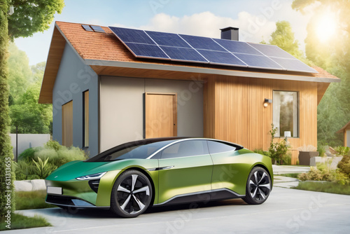Modernes energiesparendes Einfamilienhaus mit Solaranlage auf dem Hausdach und Elektroauto in der Einfahrt.