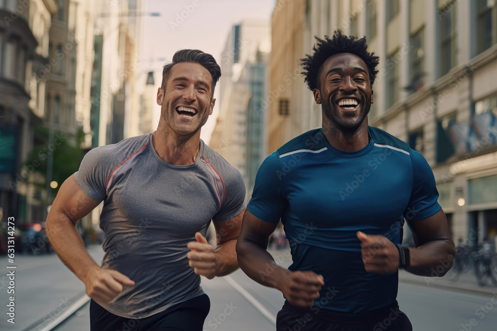 A smiling gay couple runs together in the city, representing love, unity, and inclusivity. Generative Ai, Ai.