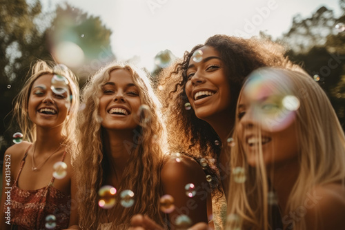 A group of friends, girls blowing soap bubbles in the open air. The concept of friendship and having fun together. Generative Ai, Ai.