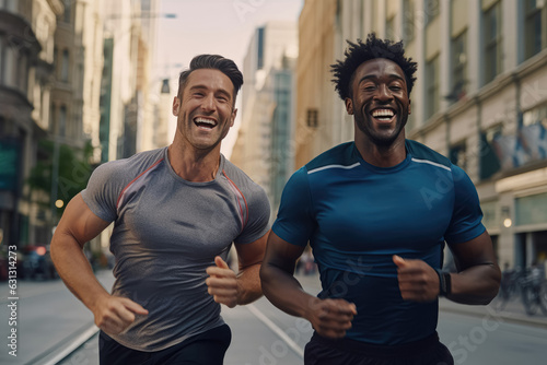 A smiling gay couple runs together in the city, representing love, unity, and inclusivity. Generative Ai, Ai.