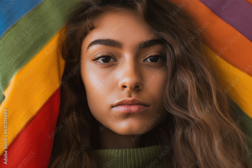 Φωτογραφία An unrecognizable young woman holds a rainbow flag vertically in front of her face, symbolizing her identity and solidarity with the LGTBIQ+ community