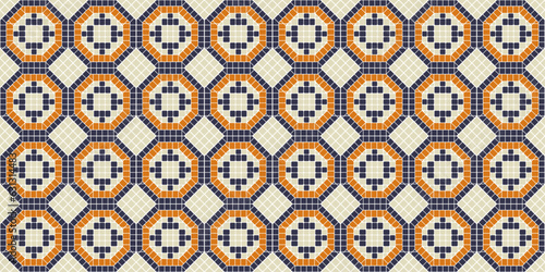 Tile from an eight-pointed mosaic. An ornamental tile of small mosaic elements that creates octagons. Pattern for textiles, pillows, clothes, background, packaging, notepads. Stylish pattern.