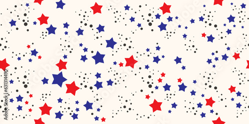 A seamless canvas studded with red and blue stars. Scattered stars on the arms. Pattern for textiles, pillows, clothes, background, packaging, notepads. Stylish pattern.