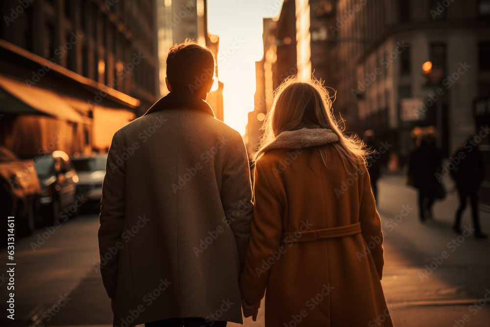 A romantic and dreamy view of a couple holding hands on a New York City street during sunrise. The camera uses a shallow depth of field to focus on the couple and blurs the background. Generative ai. A romantic and dreamy view of a couple holding hands on a New York City street during sunrise. The camera uses a shallow depth of field to focus on the couple and blurs the background. Generative ai.