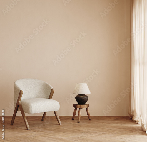 Home mockup, living room in Japandi style, 3d render 