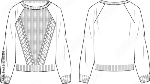 Women's Cable Jumper- Technical fashion illustration. Front and back, white color. Women's CAD mock-up.