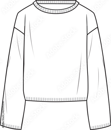 Women's Crew Neck Jumper- Technical fashion illustration. Front, white color. CAD mock-up.	