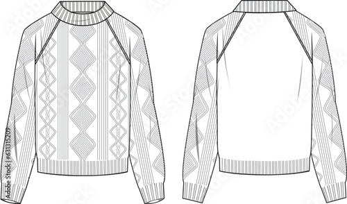 Women's Cable Jumper- Technical fashion illustration. Front and back, white color. Women's CAD mock-up.