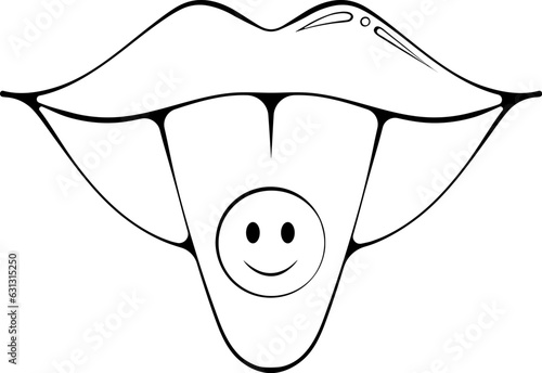 Lips sticking tongue out or lick. Female mouth. Vector illustration in hand drawn sketch doodle style. Black graphic isolated on white. Cute retro groovy lips with smiley