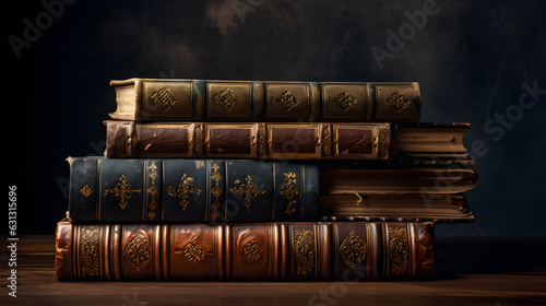 literature concept: banner or header image with stack of antique leather bound books 
