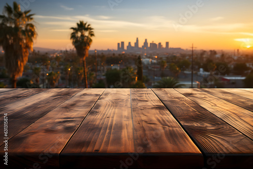 Empty wooden table defocused california city background
