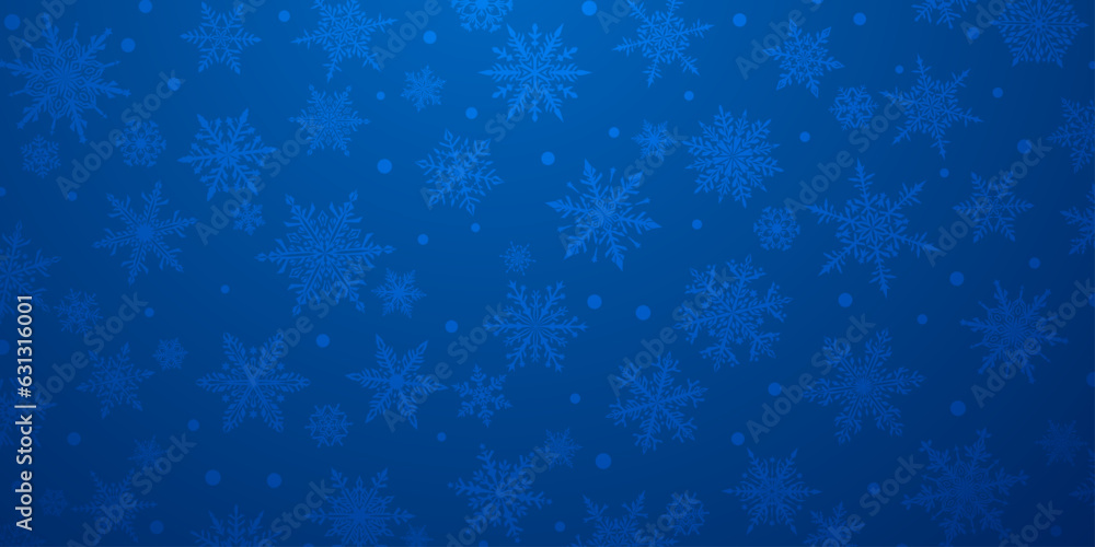 Christmas background of beautiful complex snowflakes in blue colors. Winter illustration with falling snow