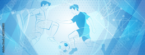 Abstract soccer background with a football players kicking the ball and other sport symbols in light blue colors