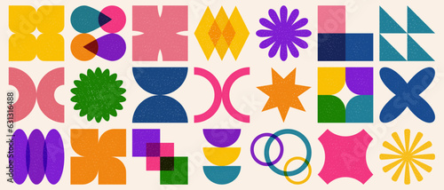 Vector set of colorful geometric shapes in trendy risograph print style. Diverse geometric forms. Vector illustration