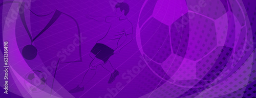 Abstract soccer background with a football player kicking the ball and other sport symbols in purple colors