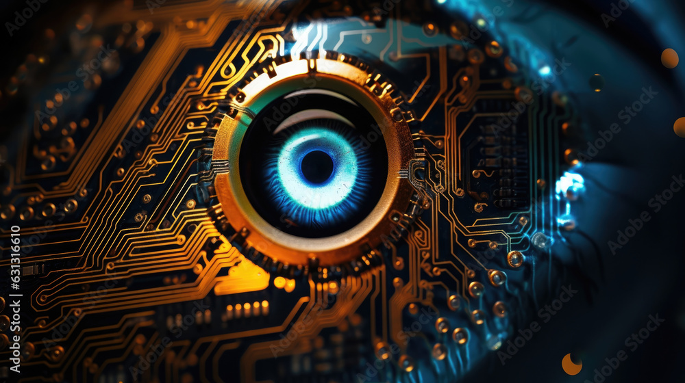 A closeup image of a processing chip with glowing circuitry modeled in the shape of an eye representing a cybernetic cyberpunk ar
