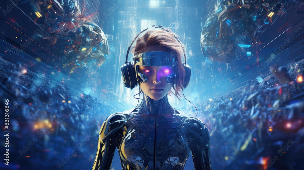 An image of a humanoid figure with a s hairstyle golden robotic eyes and a neonblue virtual reality headset standing cyberpunk ar An image of a humanoid figure with a s hairstyle golden robotic eyes and a neonblue virtual reality headset standing cyberpunk ar