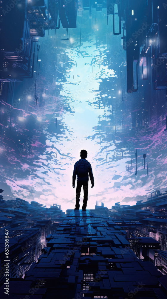 Fototapeta premium A silhouetted figure standing in a sea of computergenerated landscapes their arms out in a motion of free flowing motion cyberpunk ar