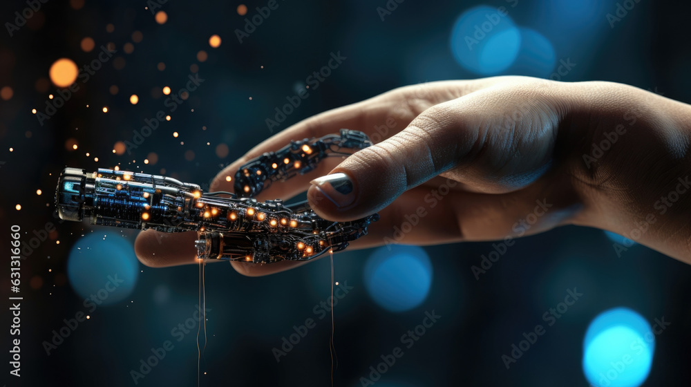A robotic hand holding a vial of silver nanoparticles being used to repair a damaged circuit board. cyberpunk ar A robotic hand holding a vial of silver nanoparticles being used to repair a damaged circuit board. cyberpunk ar