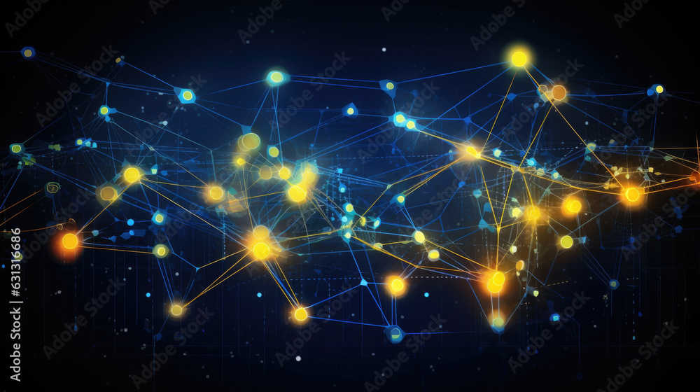 Fototapeta premium A diagram that shows a representation of the virtual neural network with blue and yellow glowing neon pathways. cyberpunk ar