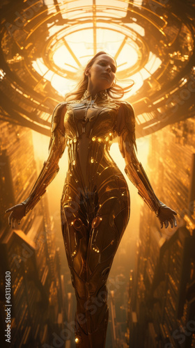 A woman in elaborate cyberpunk clothing surrounded by an intense golden light standing on top of a tall tower in a futuristic cyberpunk ar