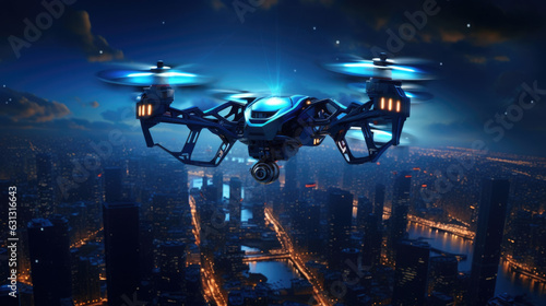 A robotic drone hovering above a futuristic cityscape with a deep blue night sky providing a backdrop. cyberpunk ar