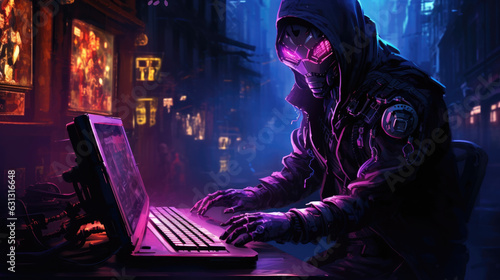 A person in a cyberpunkthemed cityscape wearing a full body suit and a monocle typing away at a futuristic holographic cyberpunk ar