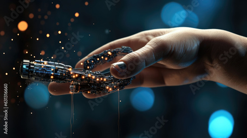 A robotic hand holding a vial of silver nanoparticles being used to repair a damaged circuit board. cyberpunk ar