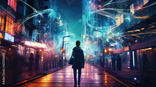 A person walking on a busy street their clothing covered in vivid patterns and swirls of holograms cyberpunk ar