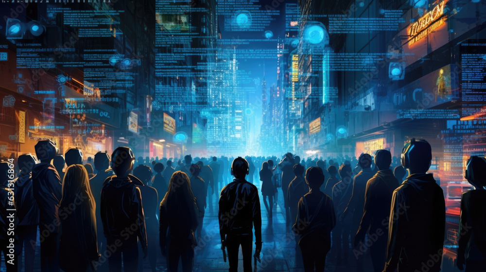 An aerial view of a crowd of protesters silhouetted against a backdrop of holographic projections of human rights slogans. cyberpunk ar An aerial view of a crowd of protesters silhouetted against a backdrop of holographic projections of human rights slogans. cyberpunk ar