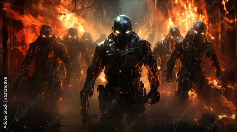 A team of cyborgs looming in a dark alley modern hightech machinery blinking in a discordant pattern smoke swirling around cyberpunk ar A team of cyborgs looming in a dark alley modern hightech machinery blinking in a discordant pattern smoke swirling around cyberpunk ar