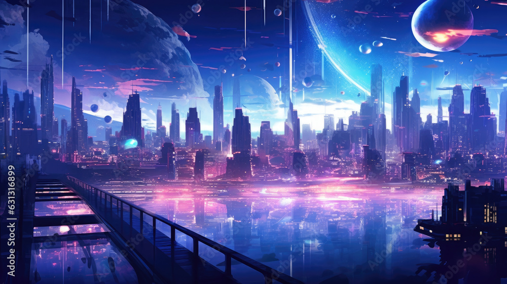 A view of a massive cyberpunk cityscape lit up with bright neon lights and filled with gigantic virtual reality projections cyberpunk ar